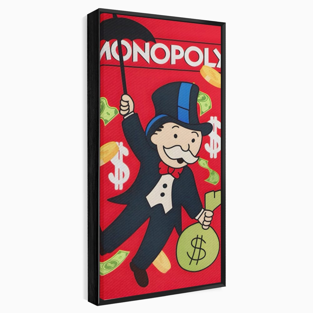 Tablou canvas cu tablou canvas cu domnul monopoly pe fond rosu, in rama de aluminiu negru